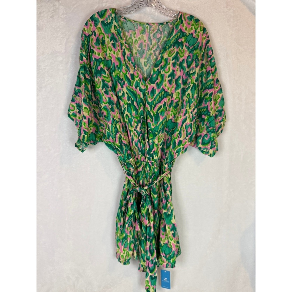 Cupshe Romper Womens M Green Pink Leopard Ikat NWT Short Sleeve V-Neck